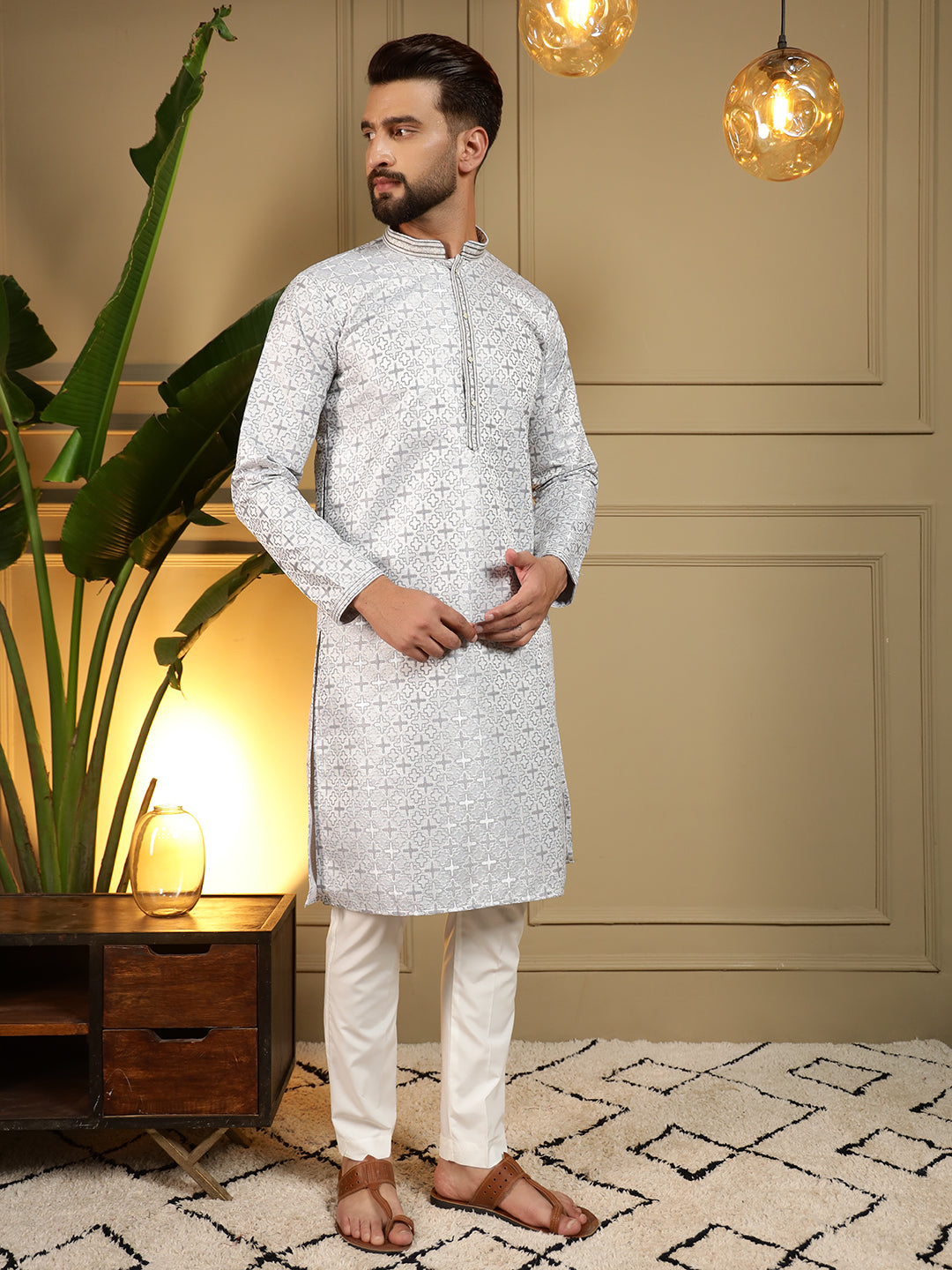 Jyoti Fashion Men's Blue Jacquard Woven Kurta with Pajama | Swadesiicart