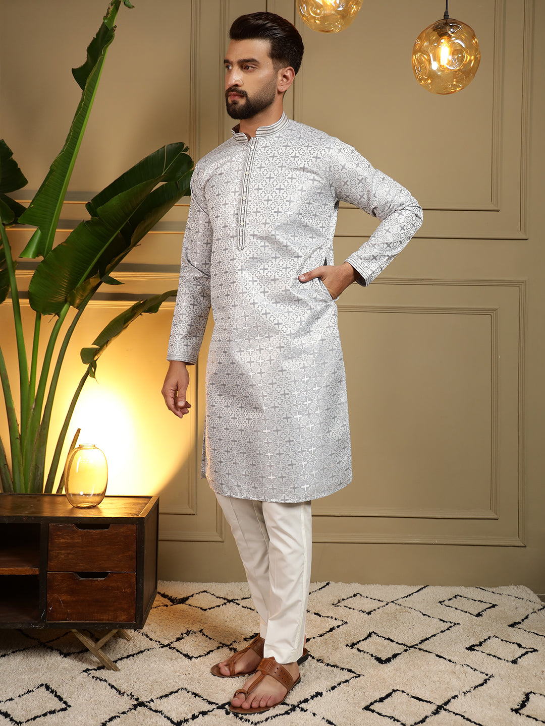 Jyoti Fashion Men's Blue Jacquard Woven Kurta with Pajama | Swadesiicart