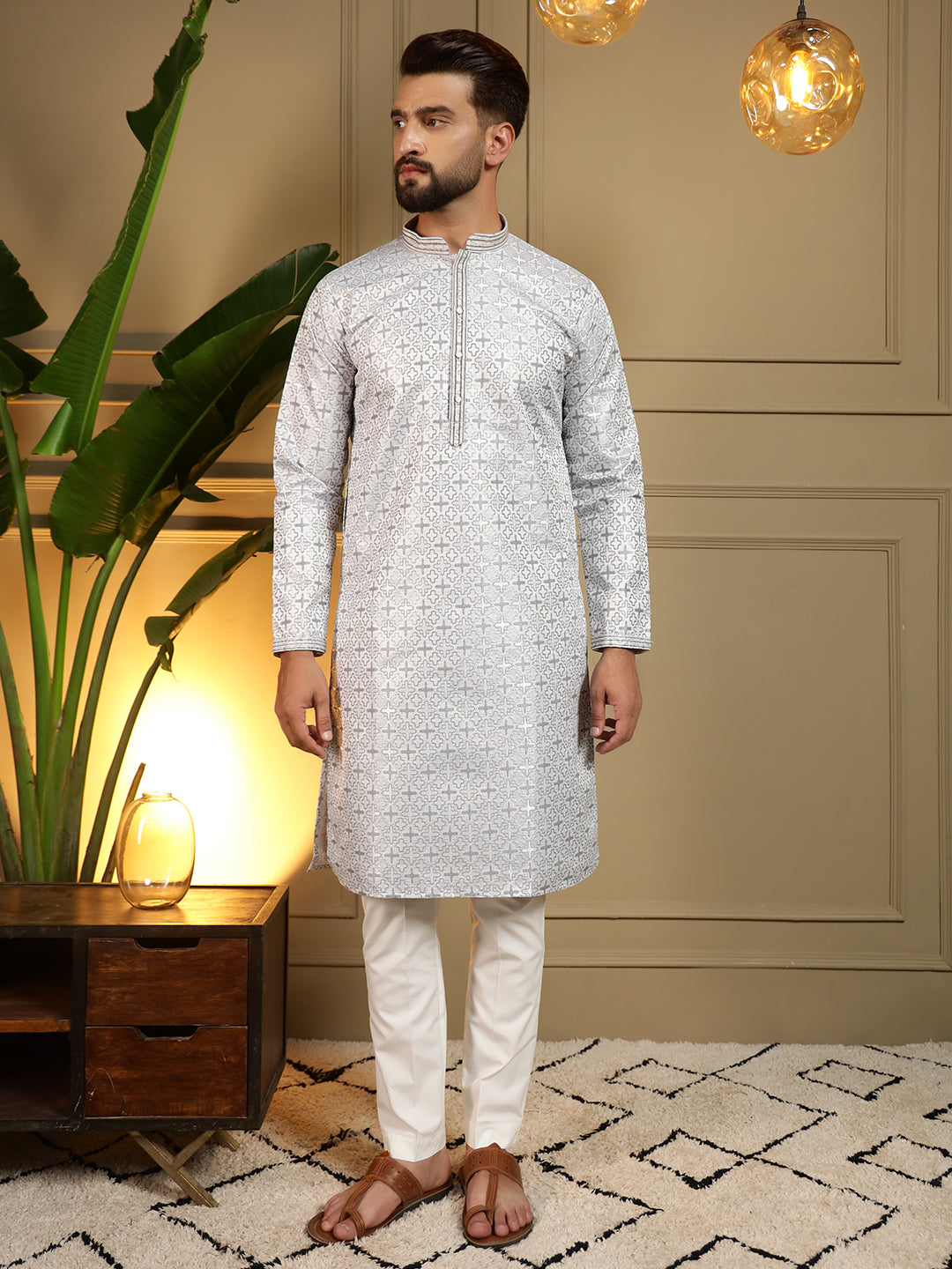 Jyoti Fashion Men's Blue Jacquard Woven Kurta with Pajama | Swadesiicart