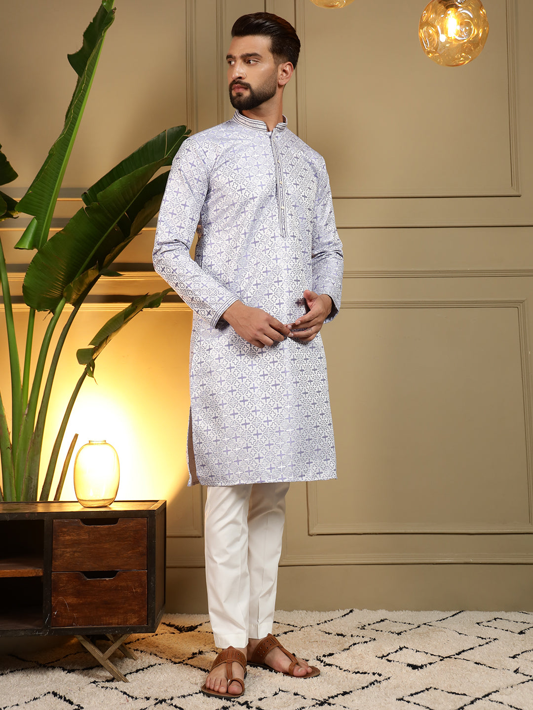 Jyoti Fashion Men's Grey Jacquard Woven Kurta with Pajama | Swadesiicart