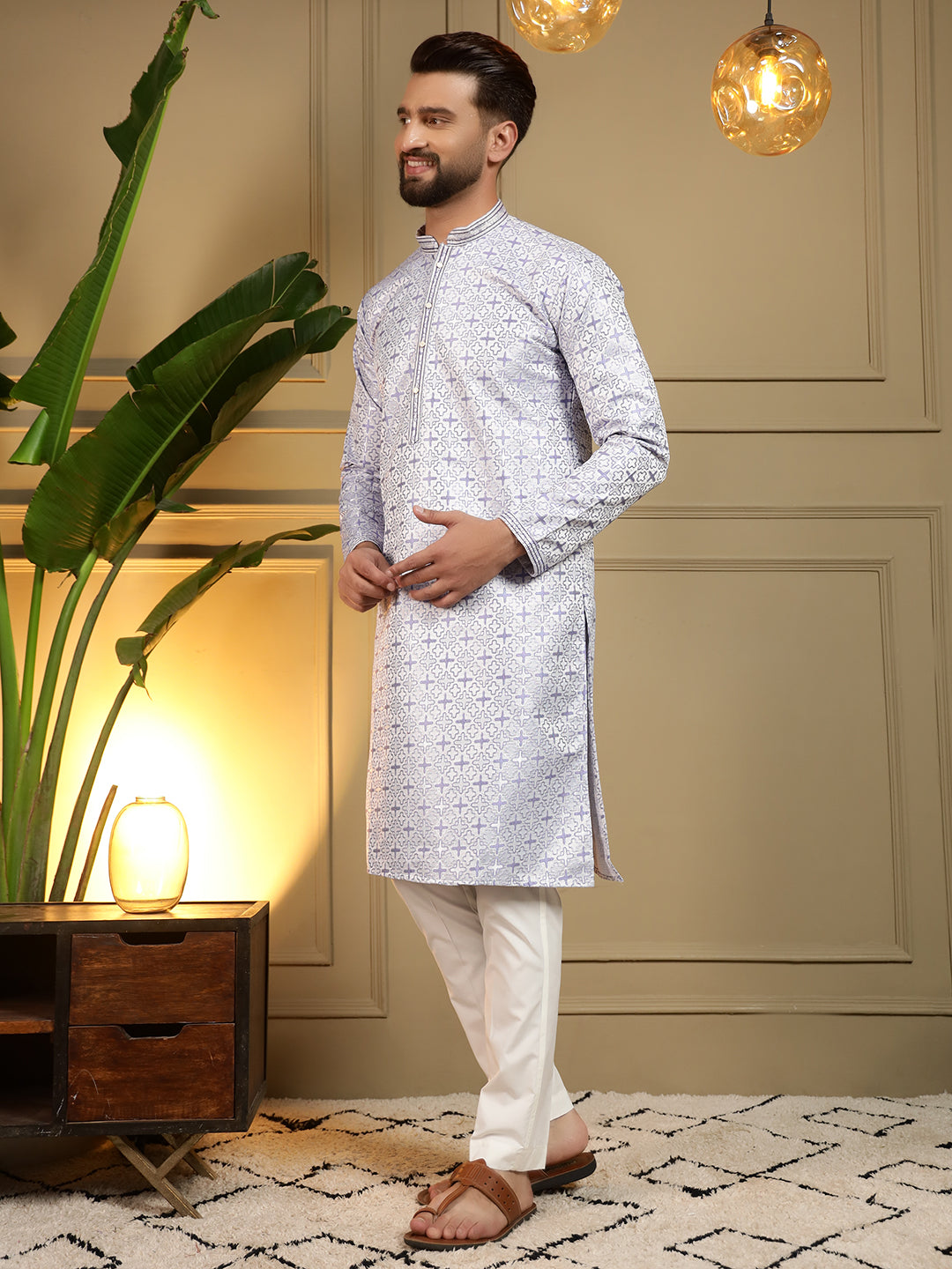 Jyoti Fashion Men's Grey Jacquard Woven Kurta with Pajama | Swadesiicart