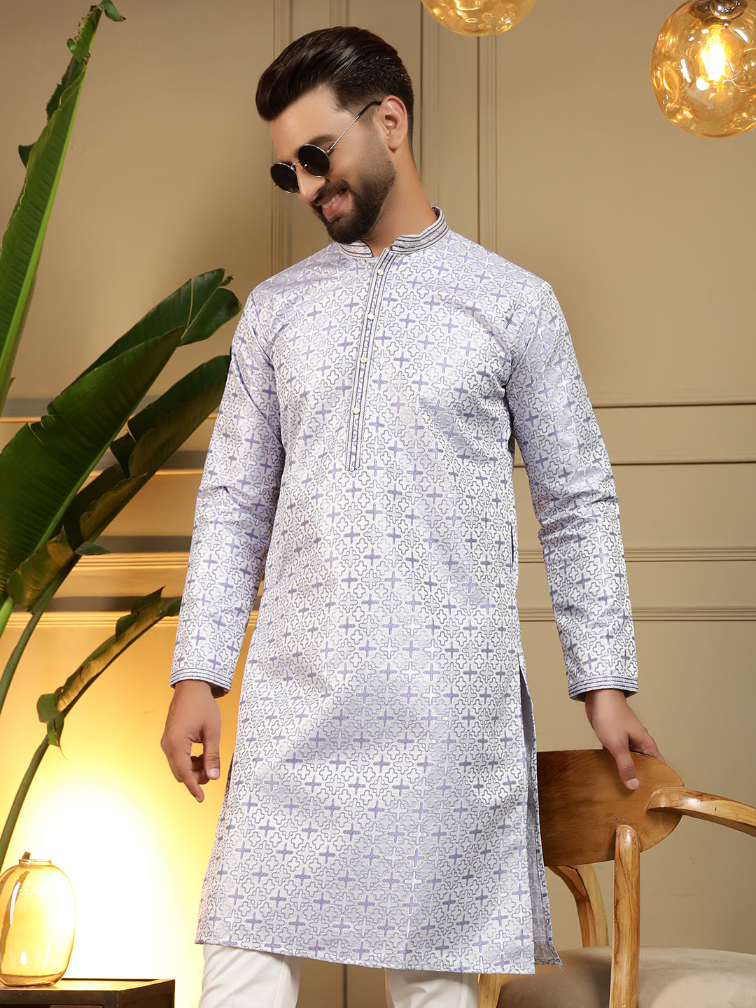 Jyoti Fashion Men's Grey Jacquard Woven Kurta with Pajama | Swadesiicart