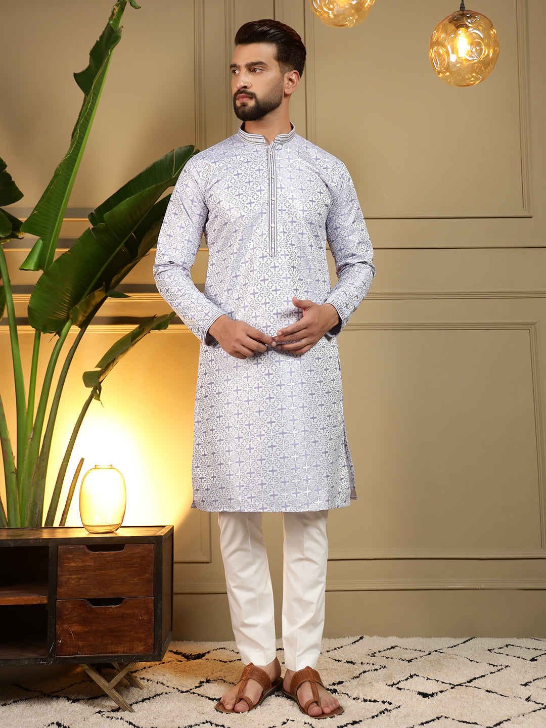 Jyoti Fashion Men's Grey Jacquard Woven Kurta with Pajama | Swadesiicart