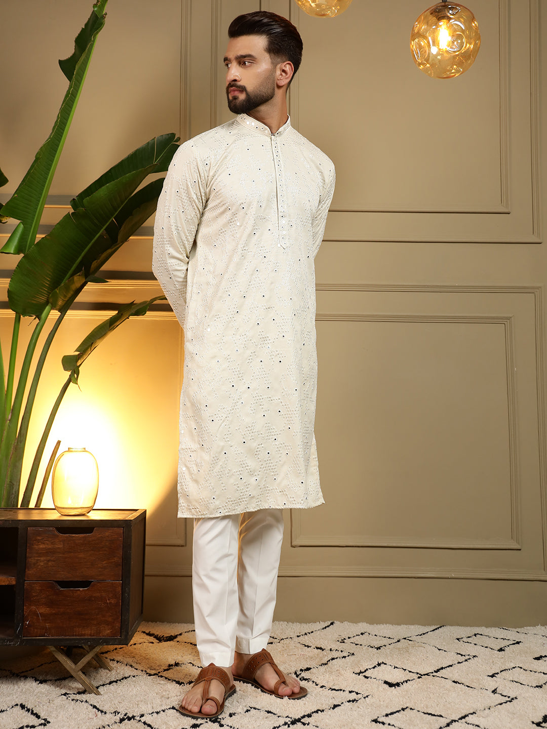 Jyoti Fashion Men's Off White Mirror Embroidery Kurta with Pajama | Swadesiicart