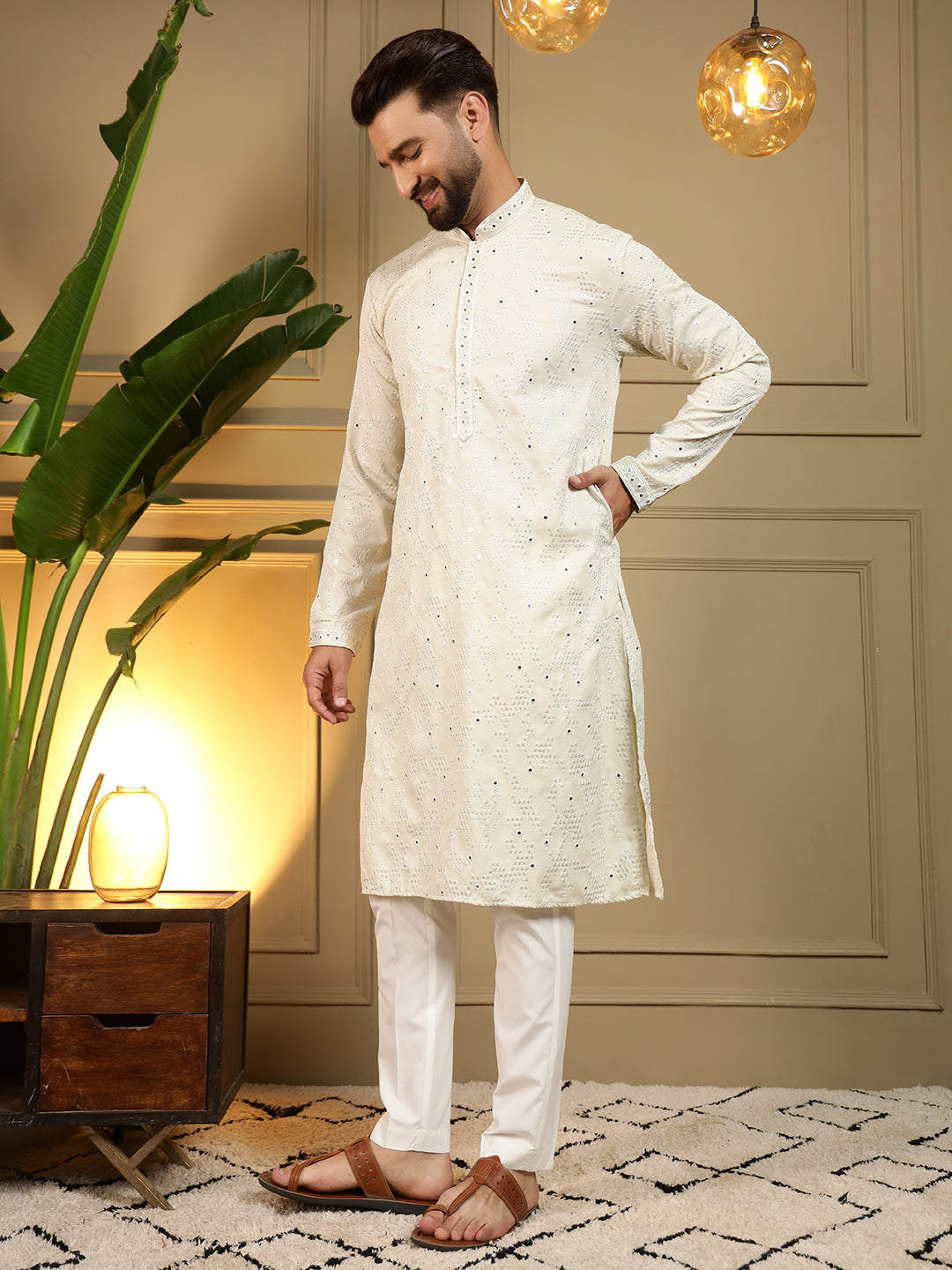Jyoti Fashion Men's Off White Mirror Embroidery Kurta with Pajama | Swadesiicart