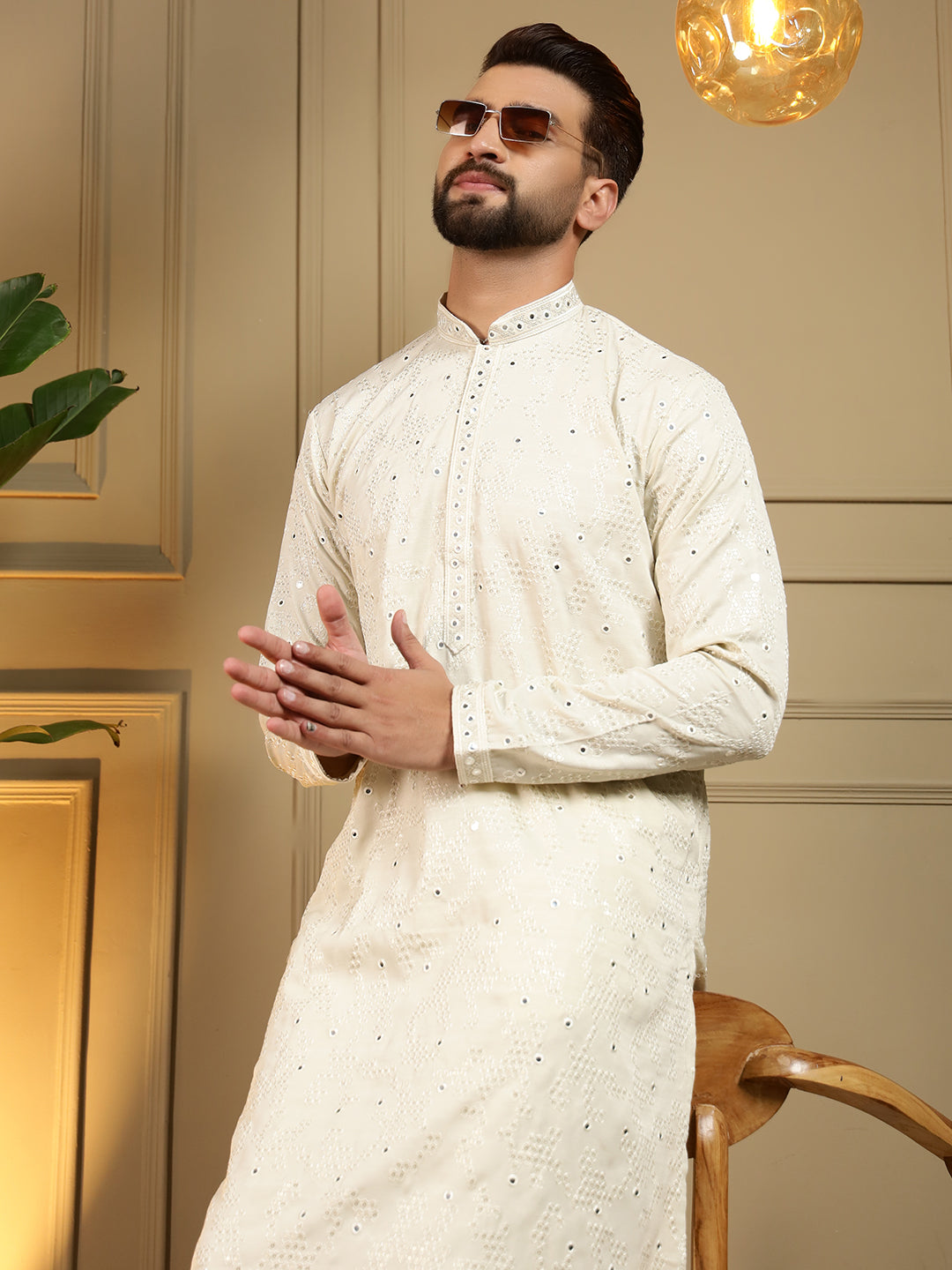 Jyoti Fashion Men's Off White Mirror Embroidery Kurta with Pajama | Swadesiicart