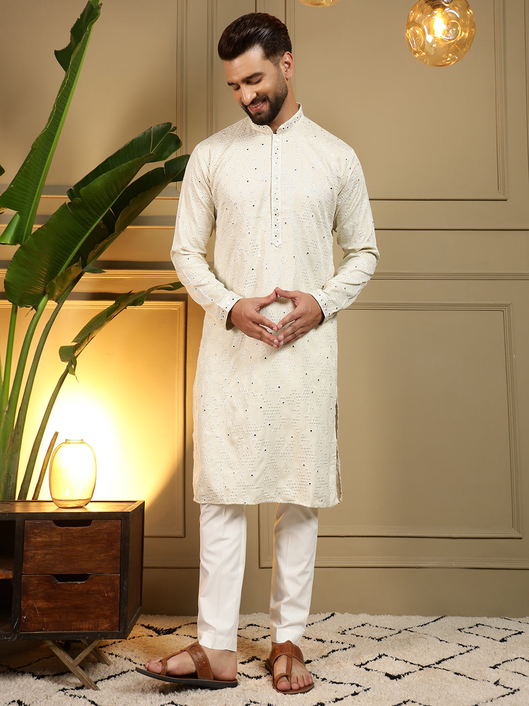 Jyoti Fashion Men's Off White Mirror Embroidery Kurta with Pajama | Swadesiicart