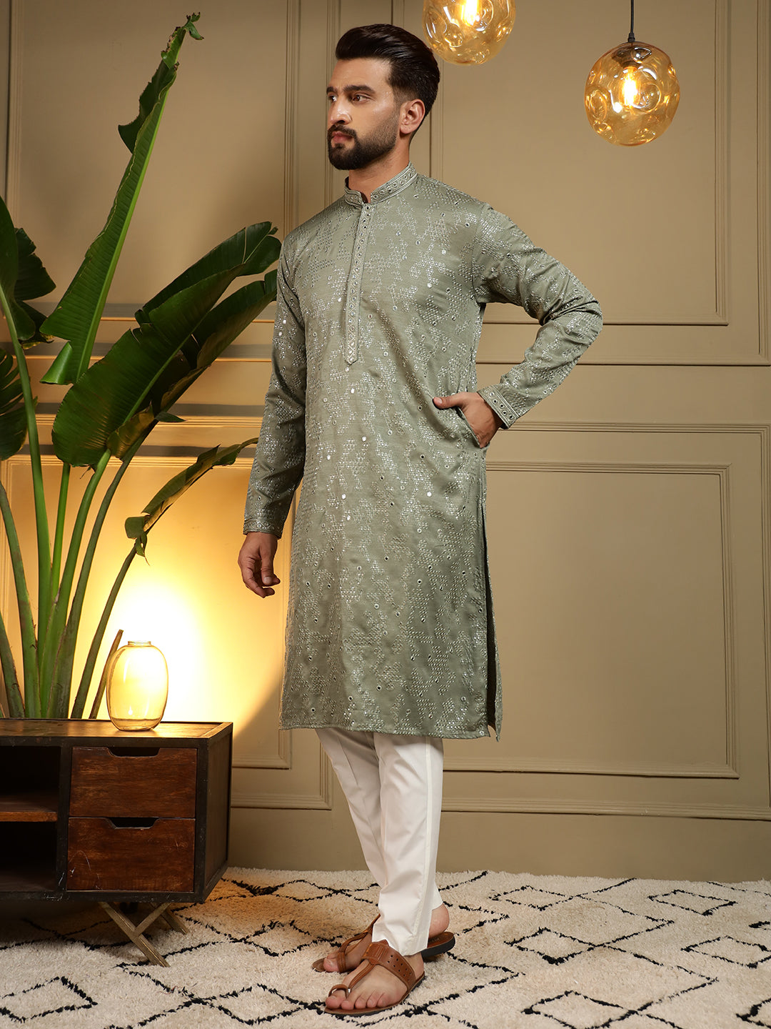 Jyoti Fashion Men's Green Mirror Embroidery Kurta with Pajama | Swadesiicart