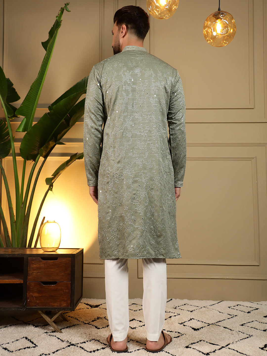 Jyoti Fashion Men's Green Mirror Embroidery Kurta with Pajama | Swadesiicart