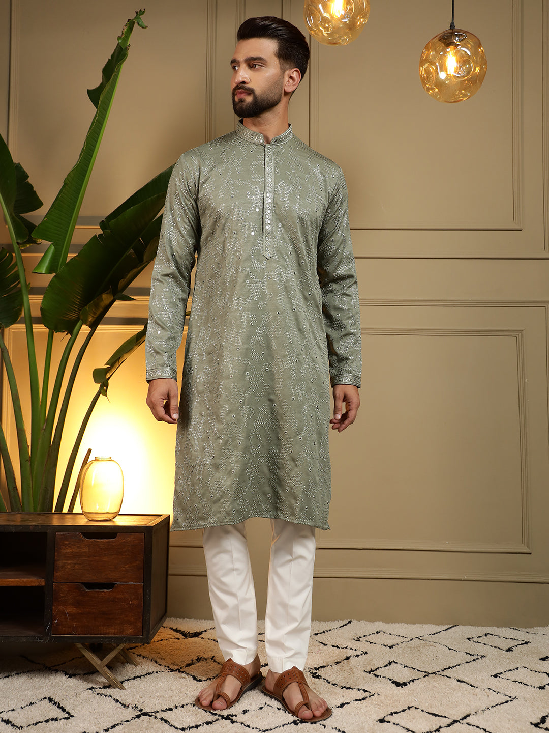 Jyoti Fashion Men's Green Mirror Embroidery Kurta with Pajama | Swadesiicart