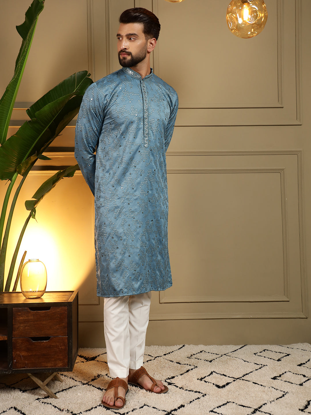 Jyoti Fashion Men's Firozi Mirror Embroidery Kurta with Pajama | Swadesiicart