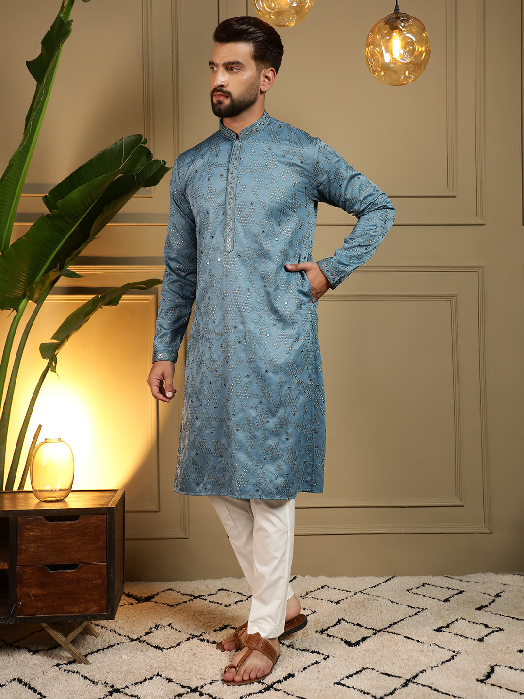 Jyoti Fashion Men's Firozi Mirror Embroidery Kurta with Pajama | Swadesiicart