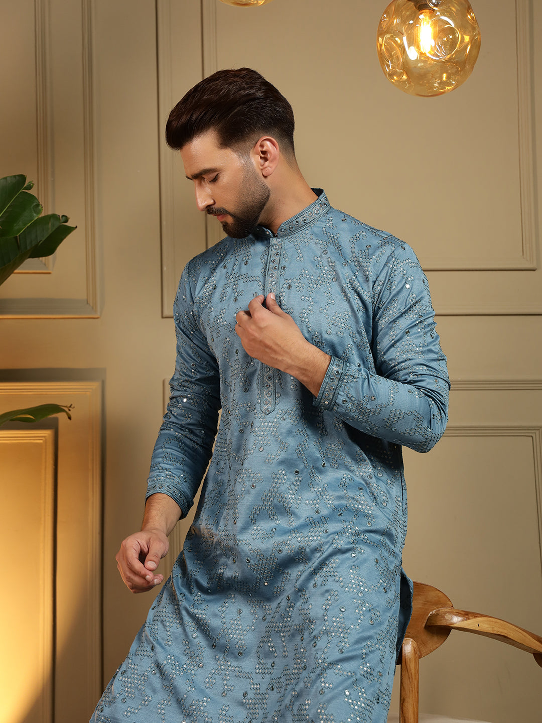 Jyoti Fashion Men's Firozi Mirror Embroidery Kurta with Pajama | Swadesiicart