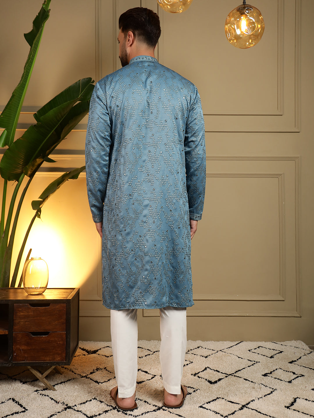 Jyoti Fashion Men's Firozi Mirror Embroidery Kurta with Pajama | Swadesiicart