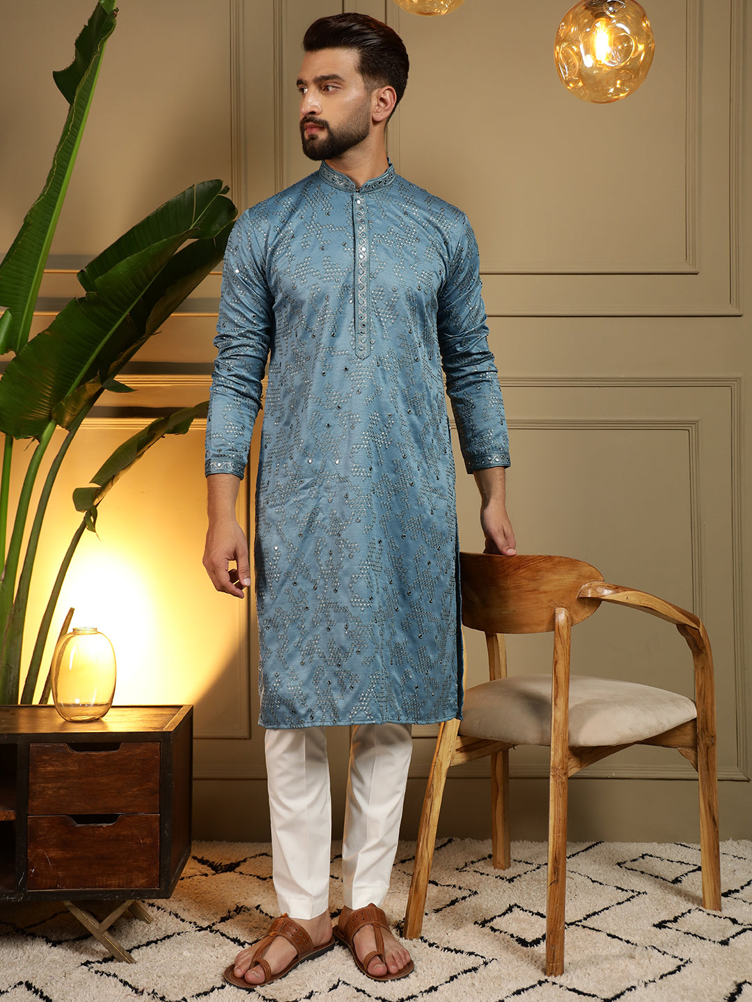Jyoti Fashion Men's Firozi Mirror Embroidery Kurta with Pajama | Swadesiicart