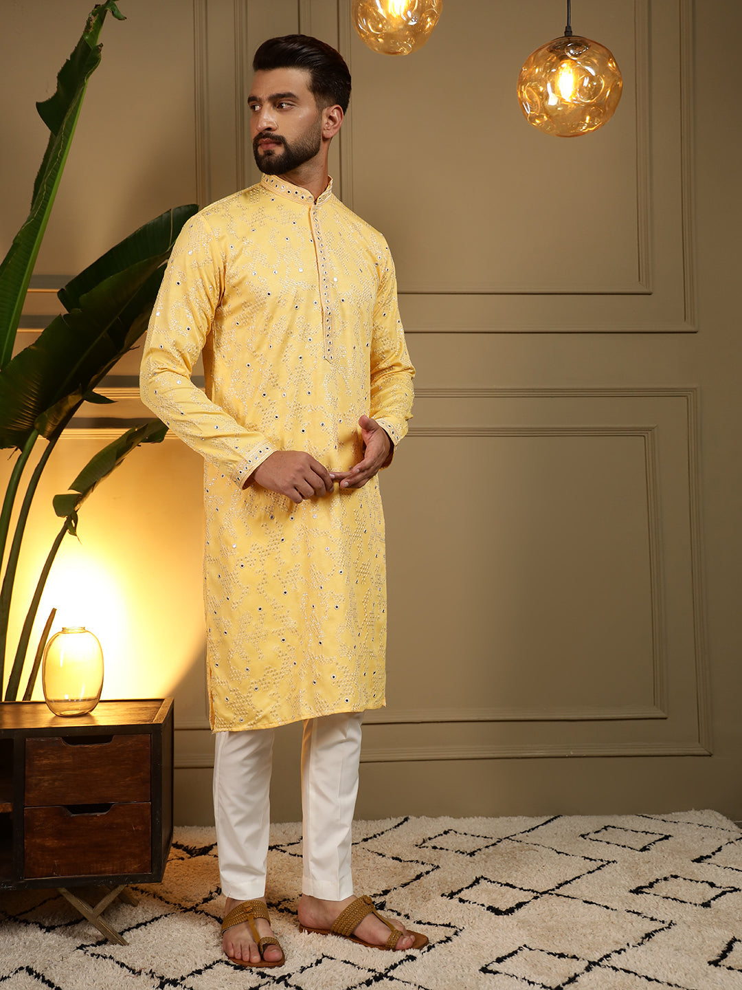 Jyoti Fashion Men's Yellow Mirror Embroidery Kurta with Pajama | Swadesiicart