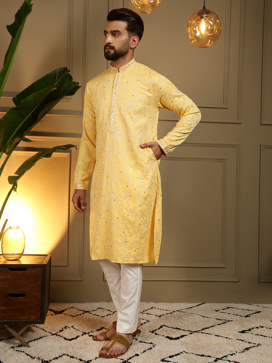 Jyoti Fashion Men's Yellow Mirror Embroidery Kurta with Pajama | Swadesiicart