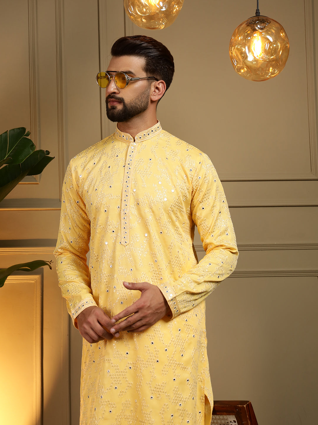 Jyoti Fashion Men's Yellow Mirror Embroidery Kurta with Pajama | Swadesiicart