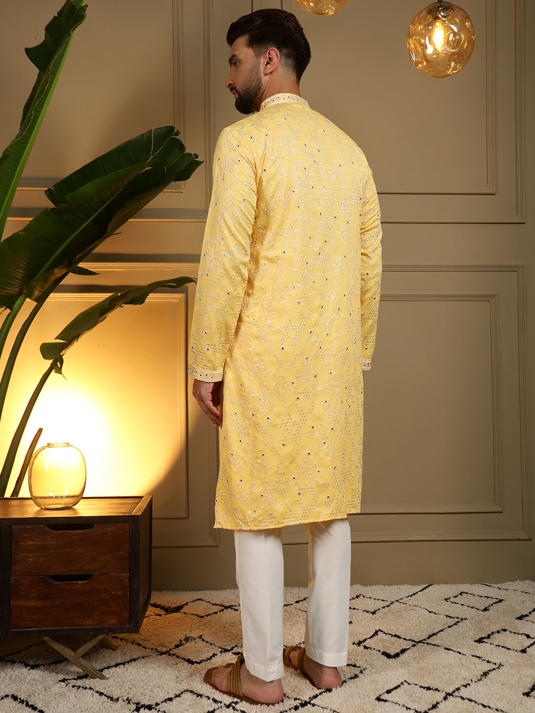 Jyoti Fashion Men's Yellow Mirror Embroidery Kurta with Pajama | Swadesiicart