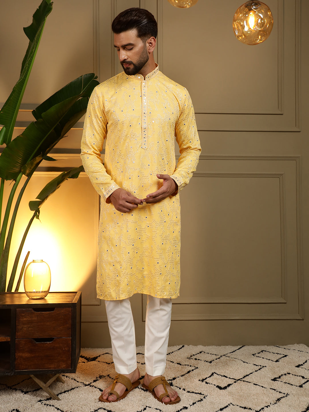 Jyoti Fashion Men's Yellow Mirror Embroidery Kurta with Pajama | Swadesiicart