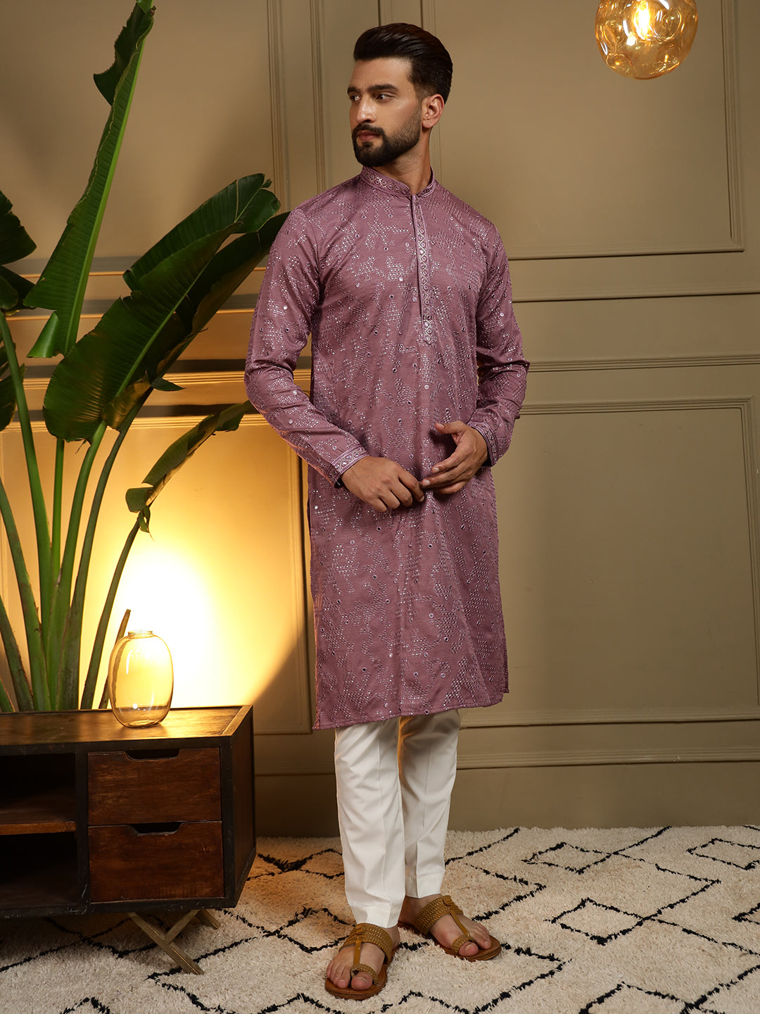 Jyoti Fashion Men's Wine Mirror Embroidery Kurta with Pajama | Swadesiicart