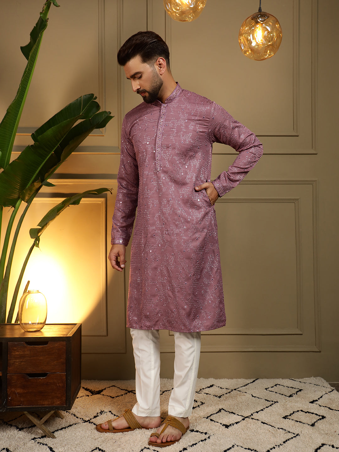 Jyoti Fashion Men's Wine Mirror Embroidery Kurta with Pajama | Swadesiicart