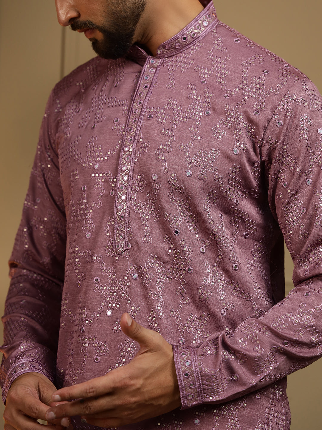 Jyoti Fashion Men's Wine Mirror Embroidery Kurta with Pajama | Swadesiicart