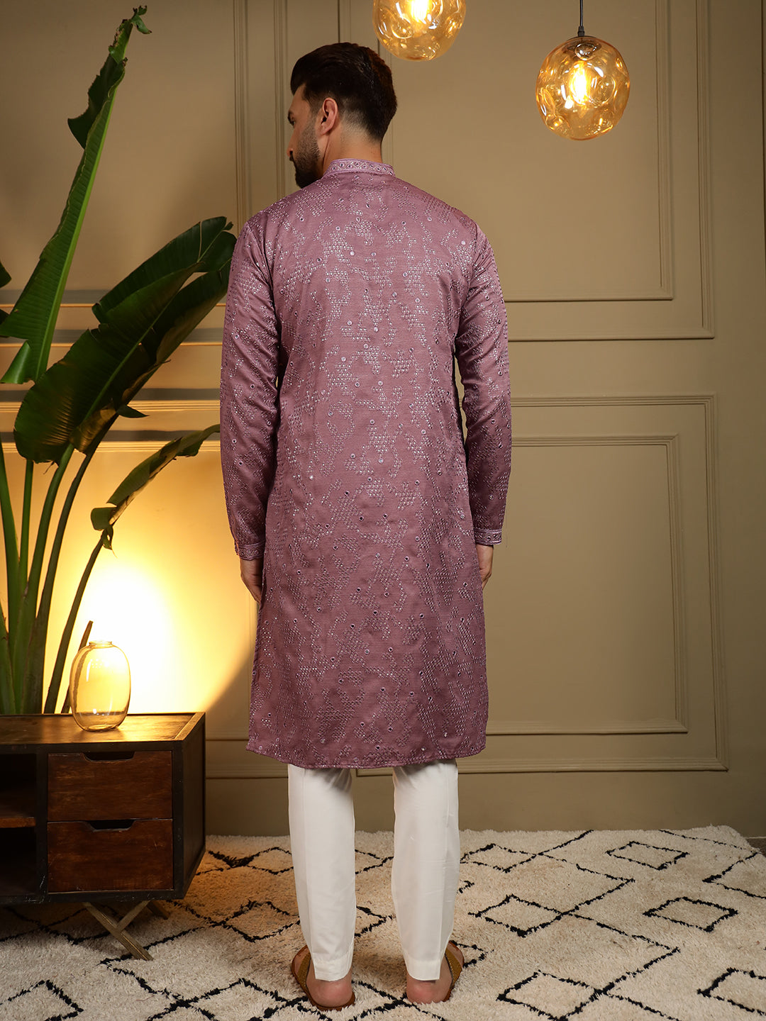Jyoti Fashion Men's Wine Mirror Embroidery Kurta with Pajama | Swadesiicart