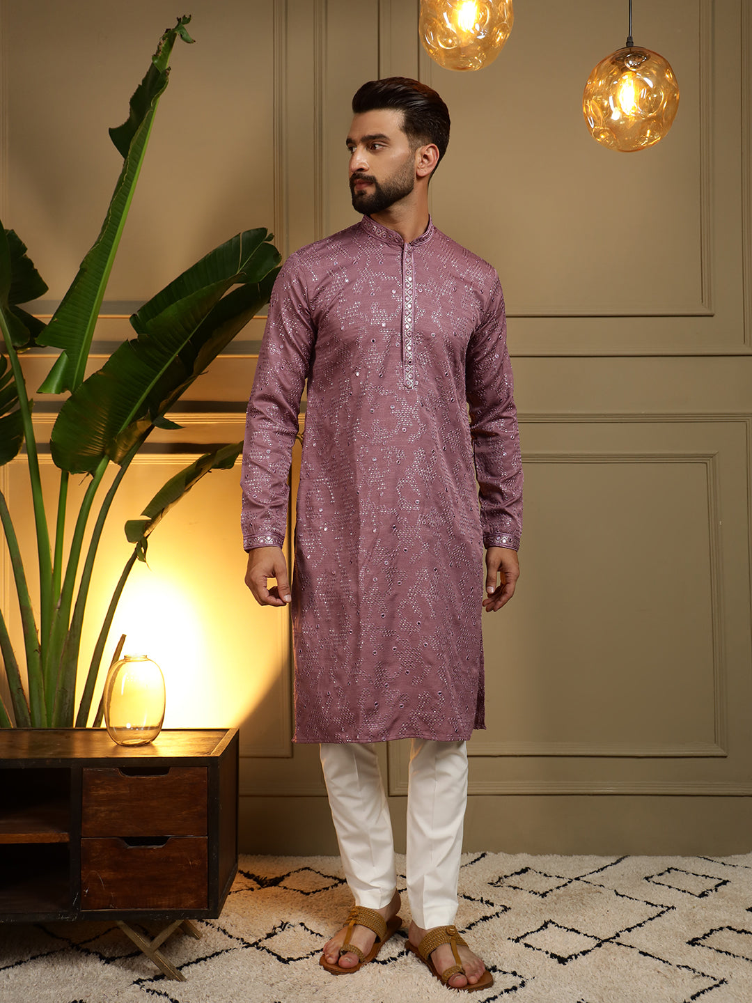 Jyoti Fashion Men's Wine Mirror Embroidery Kurta with Pajama | Swadesiicart