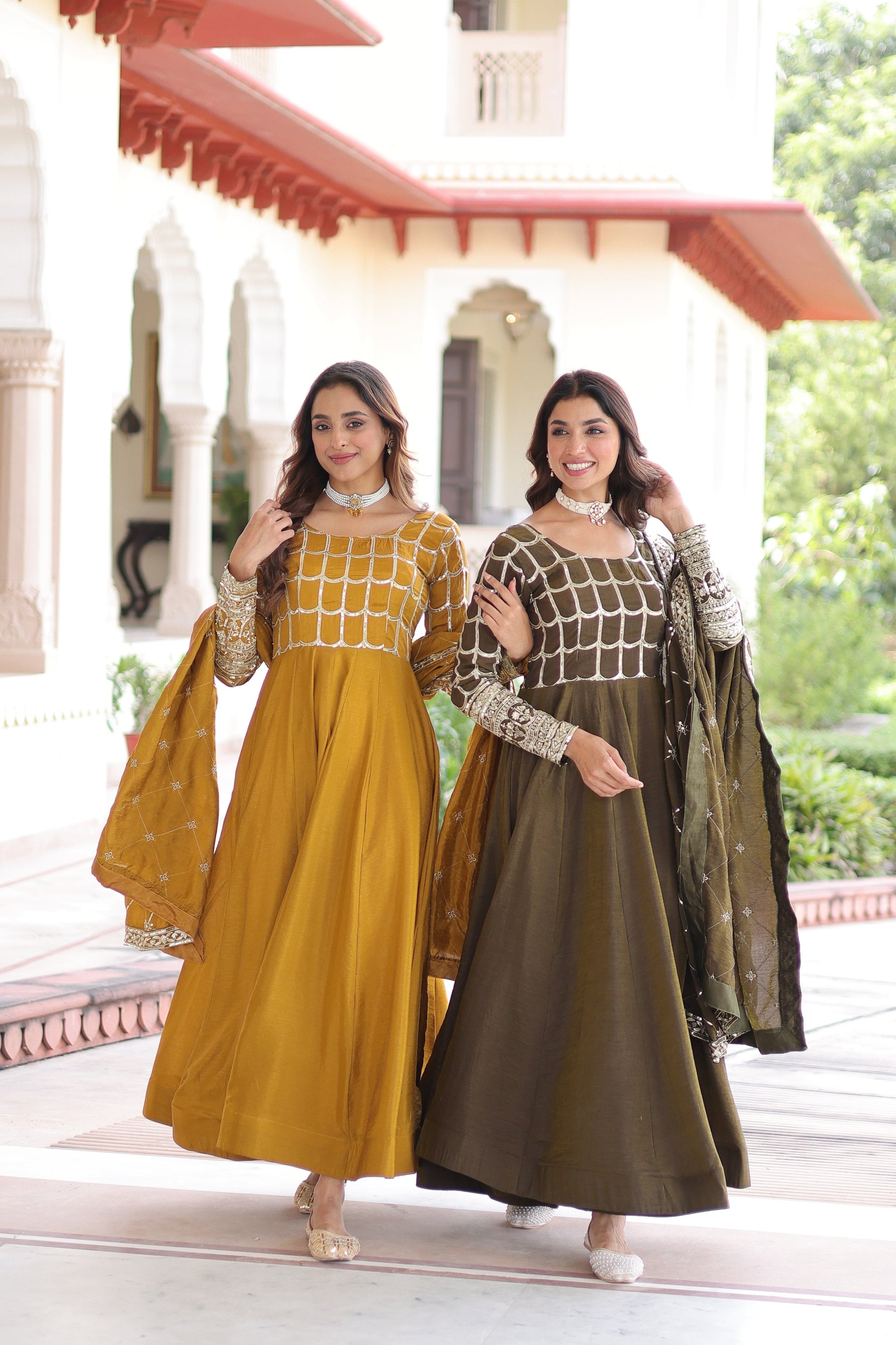 Jyoti Fashion Women's Yellow & Mehendi Vichitra Silk Embroidered Combo Anarkali Set With Dupatta | Swadesiicart