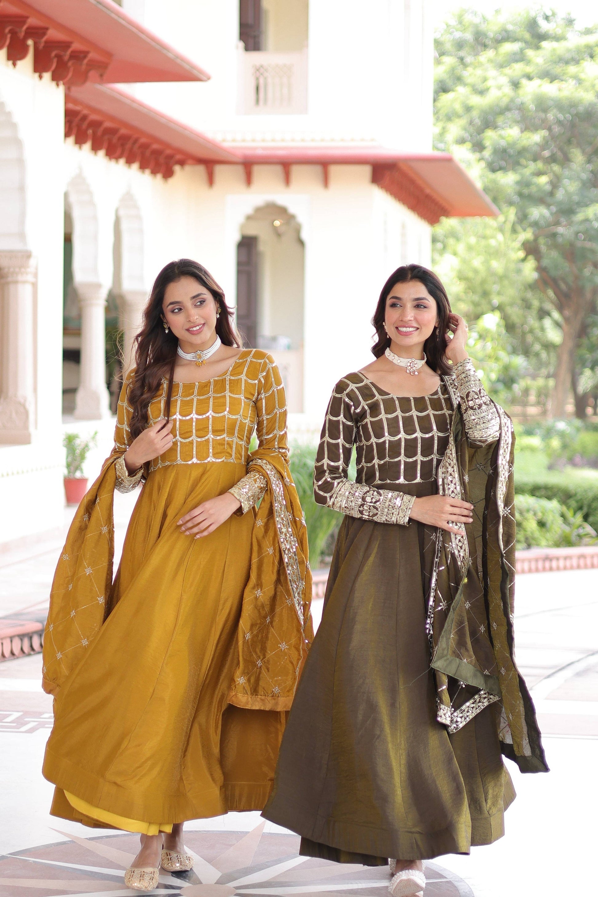 Jyoti Fashion Women's Yellow & Mehendi Vichitra Silk Embroidered Combo Anarkali Set With Dupatta | Swadesiicart