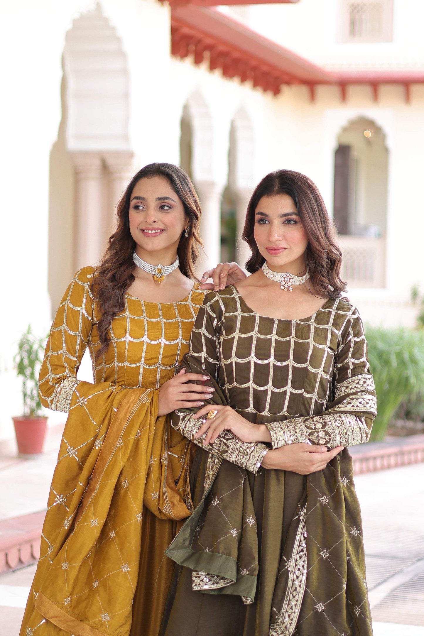 Jyoti Fashion Women's Yellow & Mehendi Vichitra Silk Embroidered Combo Anarkali Set With Dupatta | Swadesiicart