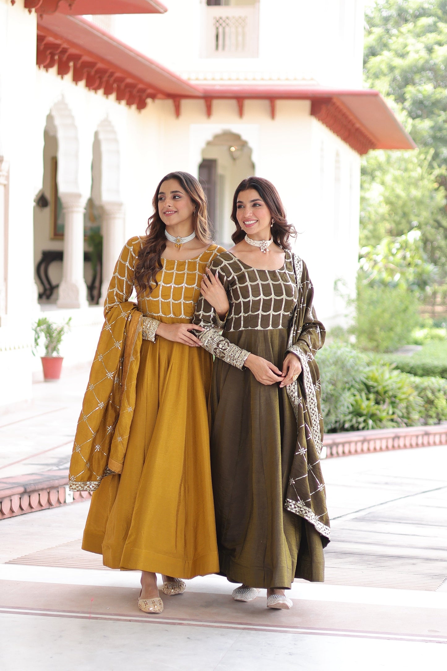 Jyoti Fashion Women's Yellow & Mehendi Vichitra Silk Embroidered Combo Anarkali Set With Dupatta | Swadesiicart