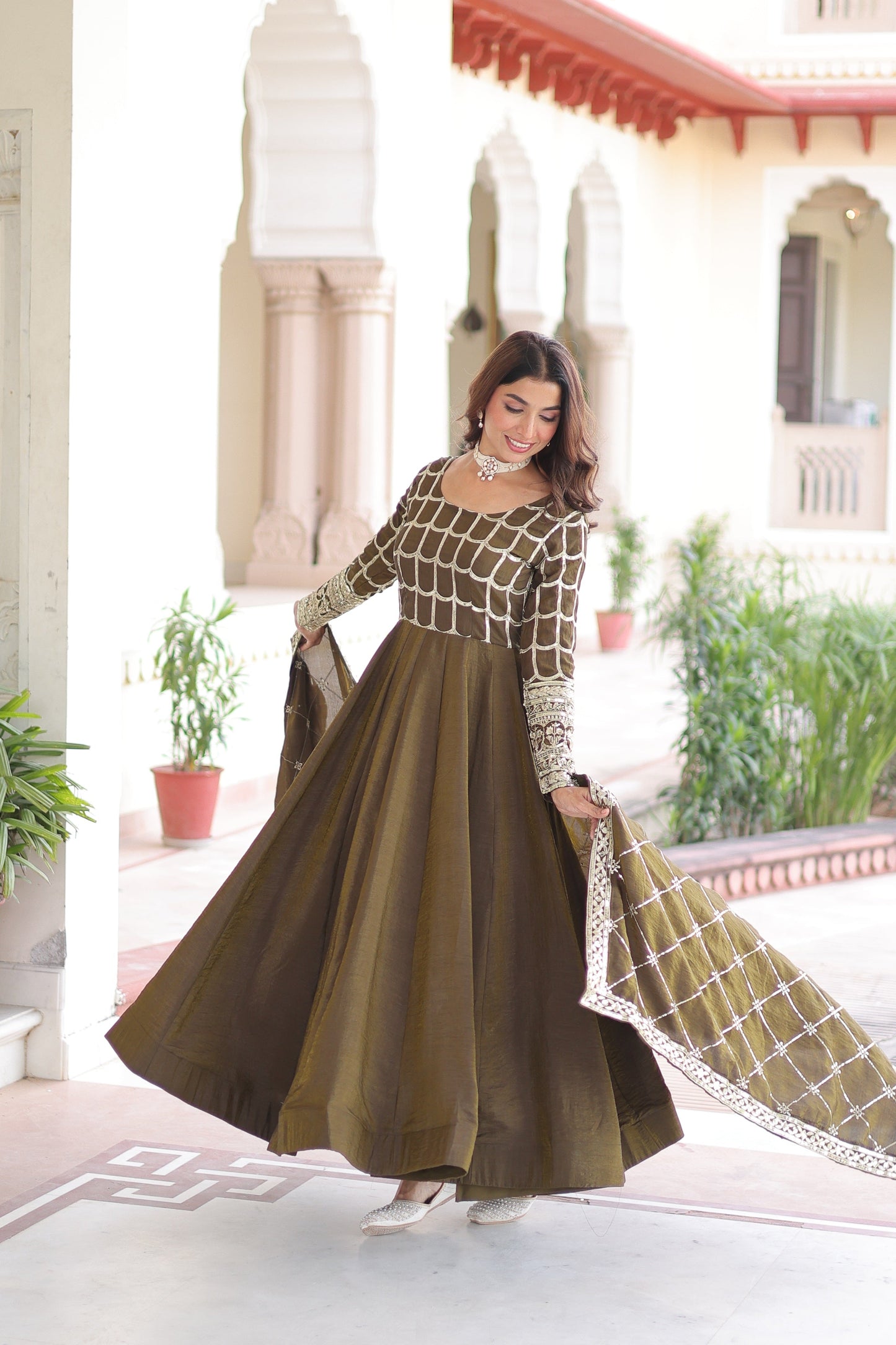 Jyoti Fashion Women's Mehendi Vichitra Silk Sequins Zari Embroidered Anarkali Set With Dupatta | Swadesiicart