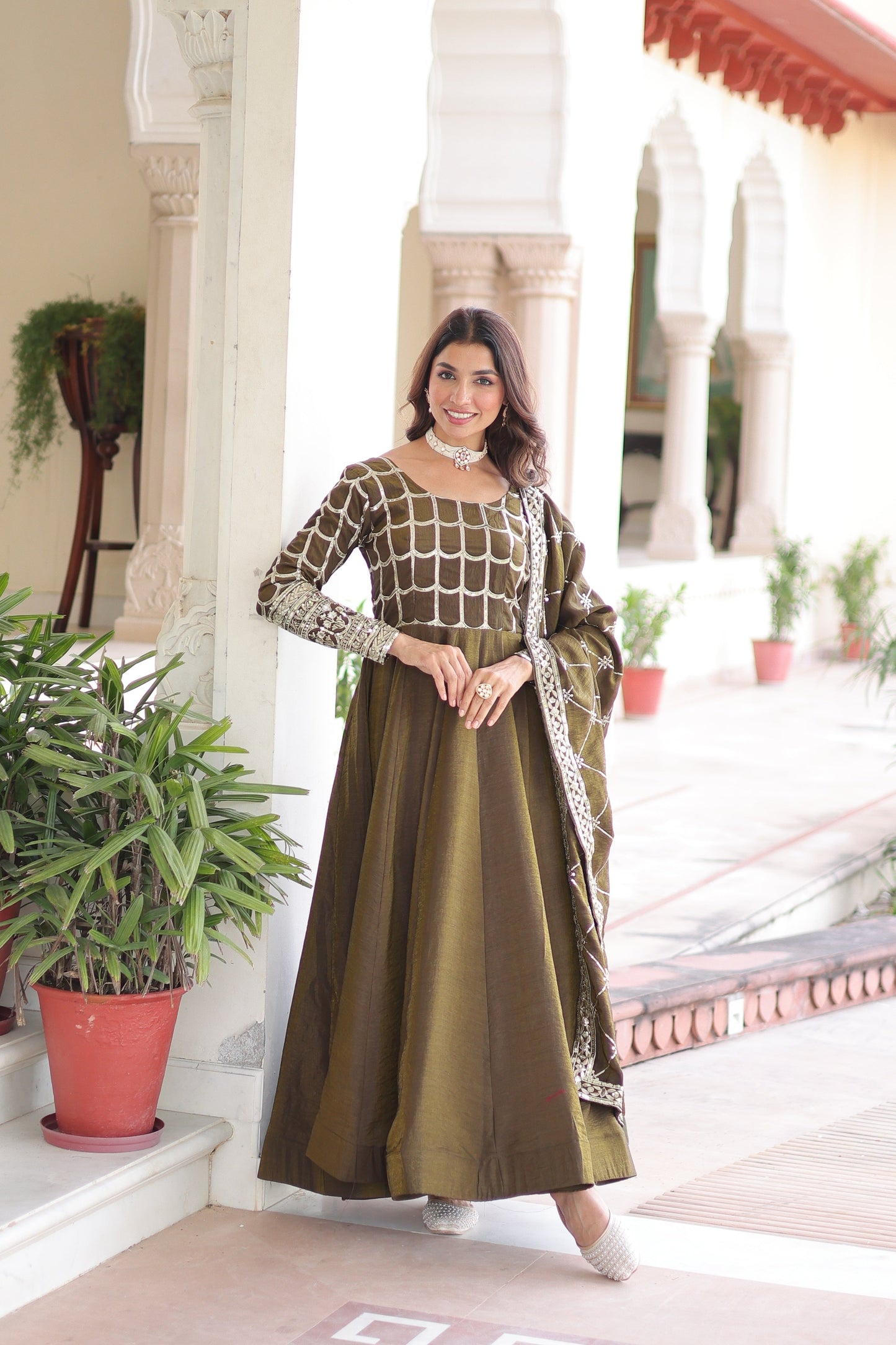 Jyoti Fashion Women's Mehendi Vichitra Silk Sequins Zari Embroidered Anarkali Set With Dupatta | Swadesiicart