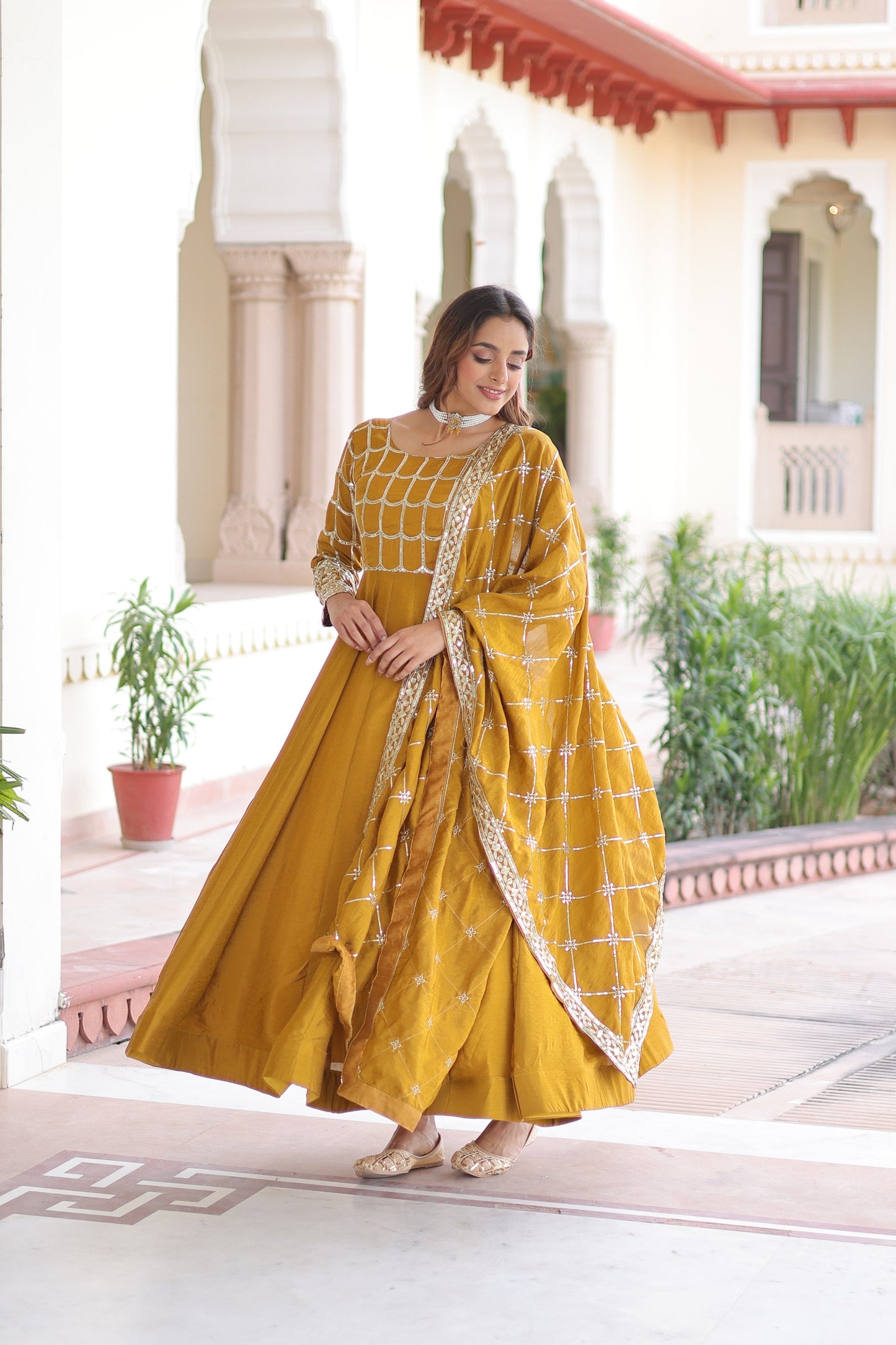 Jyoti Fashion Women's Yellow Vichitra Silk Sequins Zari Embroidered Anarkali Set With Dupatta | Swadesiicart
