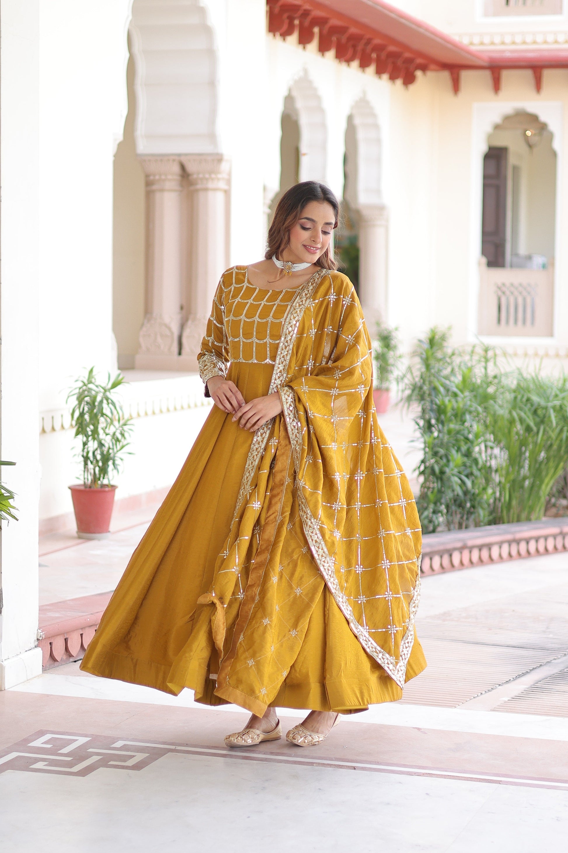 Jyoti Fashion Women's Yellow Vichitra Silk Sequins Zari Embroidered Anarkali Set With Dupatta | Swadesiicart