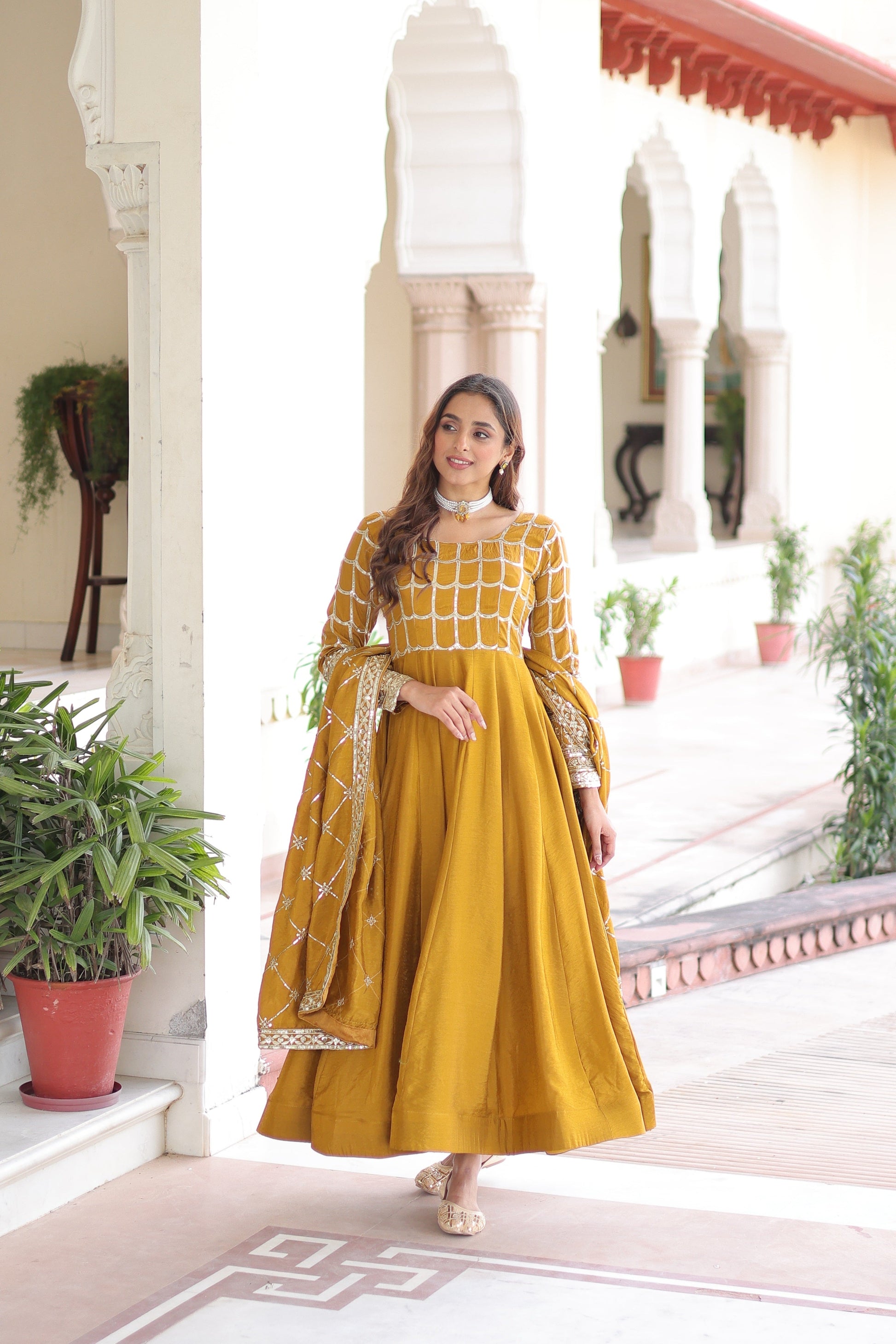 Jyoti Fashion Women's Yellow Vichitra Silk Sequins Zari Embroidered Anarkali Set With Dupatta | Swadesiicart