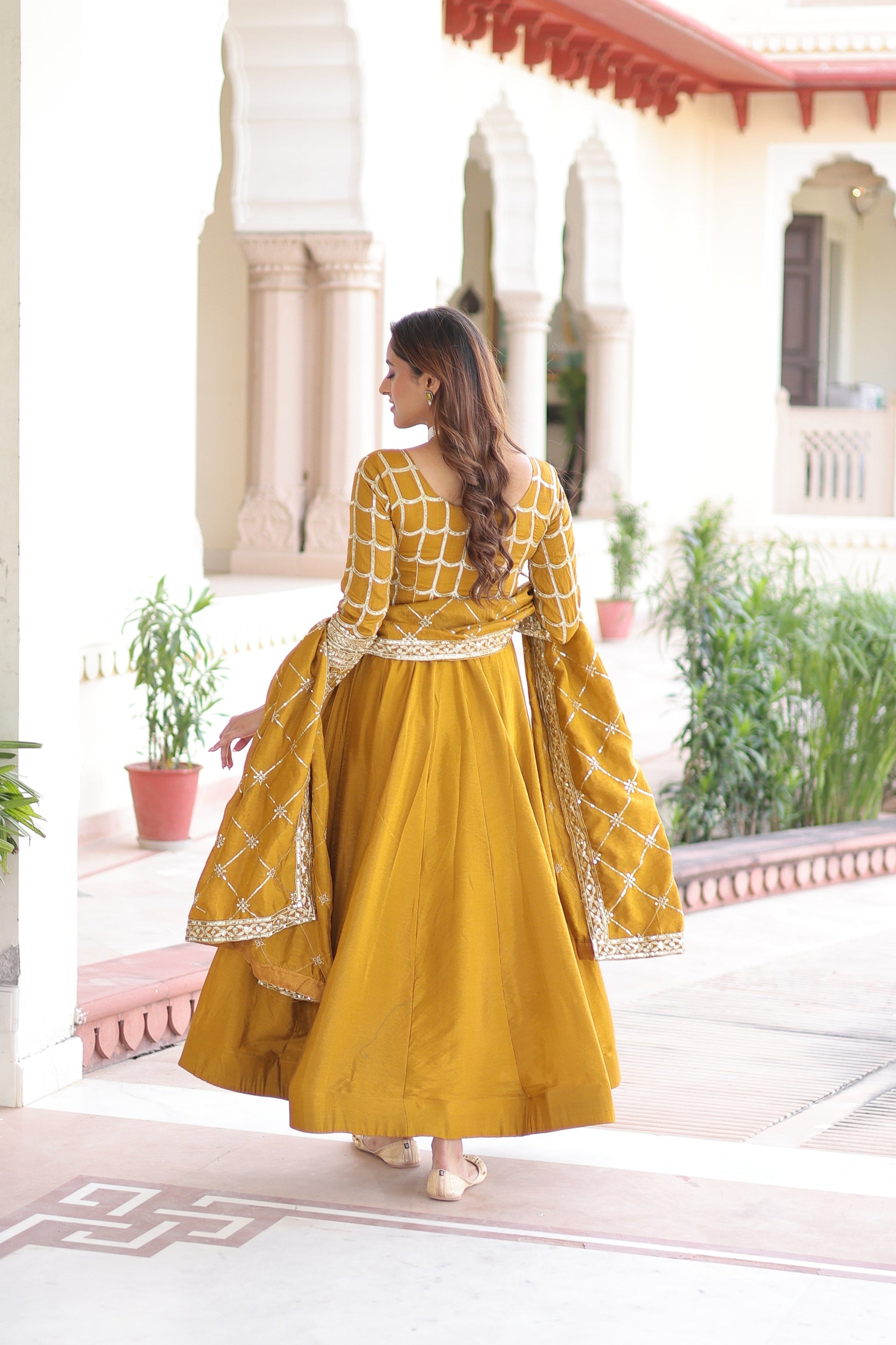Jyoti Fashion Women's Yellow Vichitra Silk Sequins Zari Embroidered Anarkali Set With Dupatta | Swadesiicart