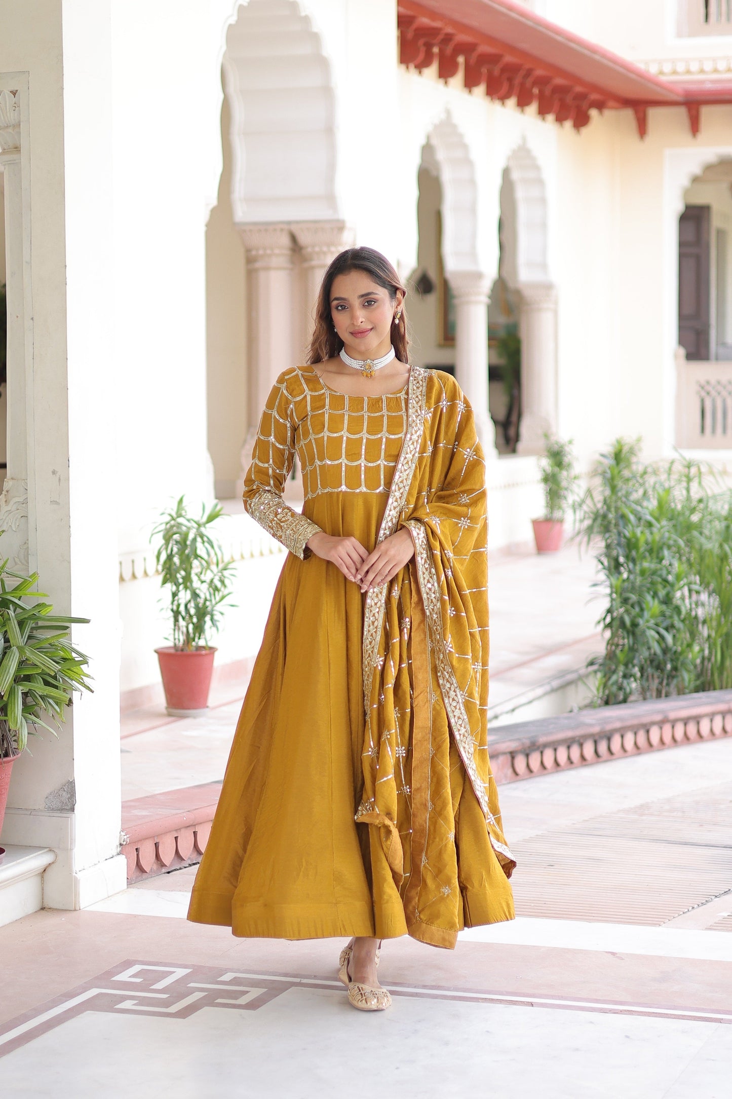 Jyoti Fashion Women's Yellow Vichitra Silk Sequins Zari Embroidered Anarkali Set With Dupatta | Swadesiicart