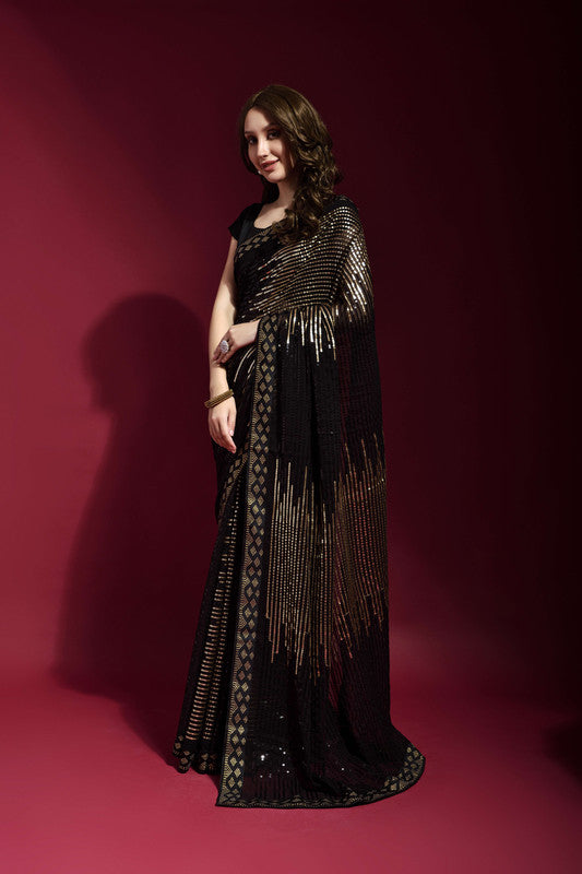 Jyoti Fashion Women's Black Sequence Embroidery Georgette Saree with Blouse | Swadesiicart