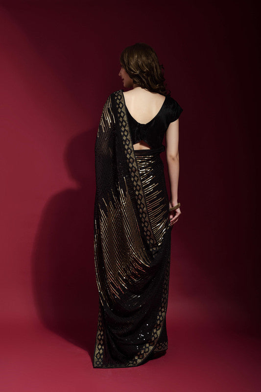 Jyoti Fashion Women's Black Sequence Embroidery Georgette Saree with Blouse | Swadesiicart