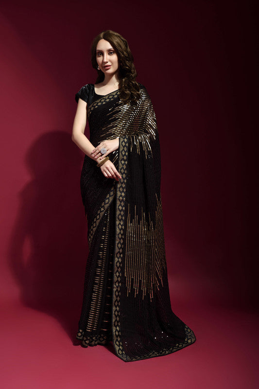 Jyoti Fashion Women's Black Sequence Embroidery Georgette Saree with Blouse | Swadesiicart