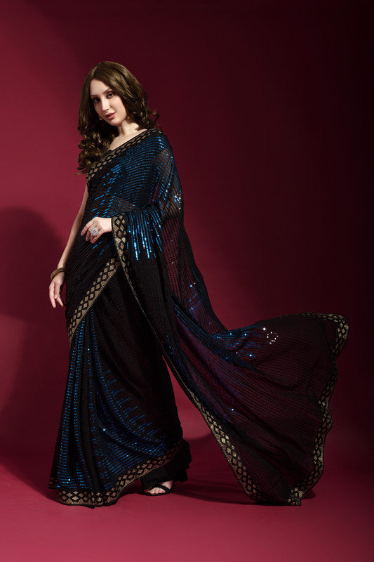 Jyoti Fashion Women's Blue Sequence Embroidery Georgette Saree with Blouse | Swadesiicart
