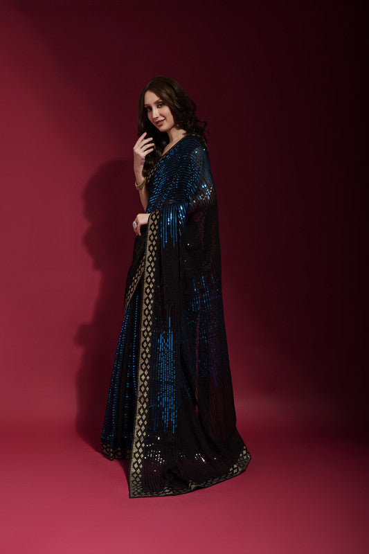 Jyoti Fashion Women's Blue Sequence Embroidery Georgette Saree with Blouse | Swadesiicart
