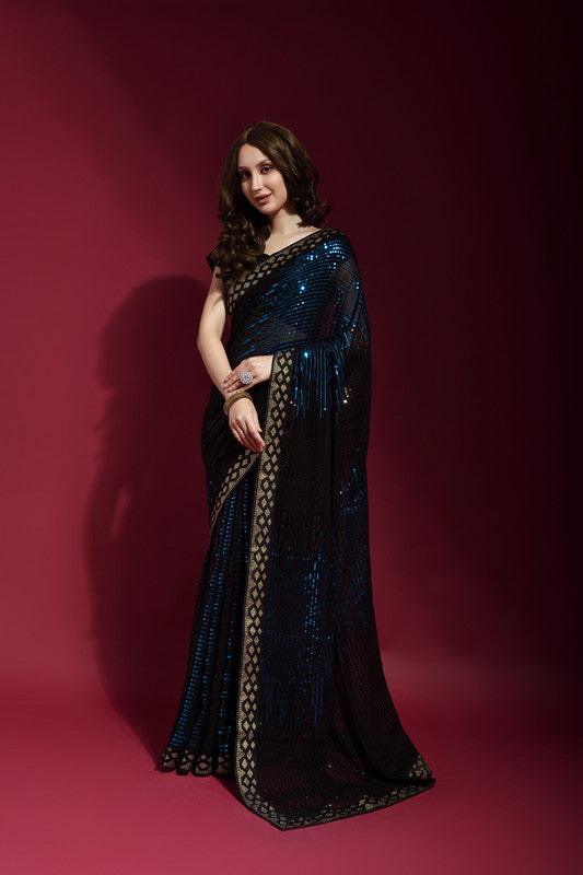 Jyoti Fashion Women's Blue Sequence Embroidery Georgette Saree with Blouse | Swadesiicart