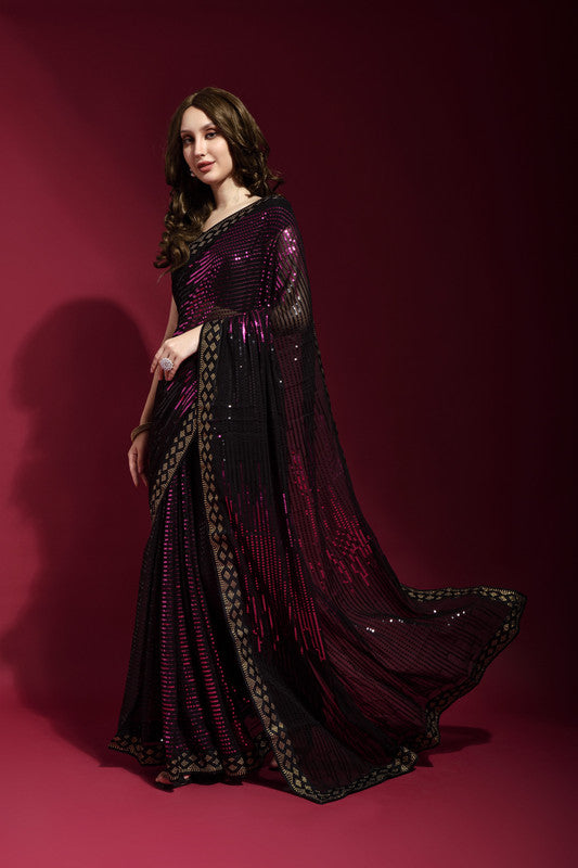 Jyoti Fashion Women's Wine Sequence Embroidery Georgette Saree with Blouse | Swadesiicart