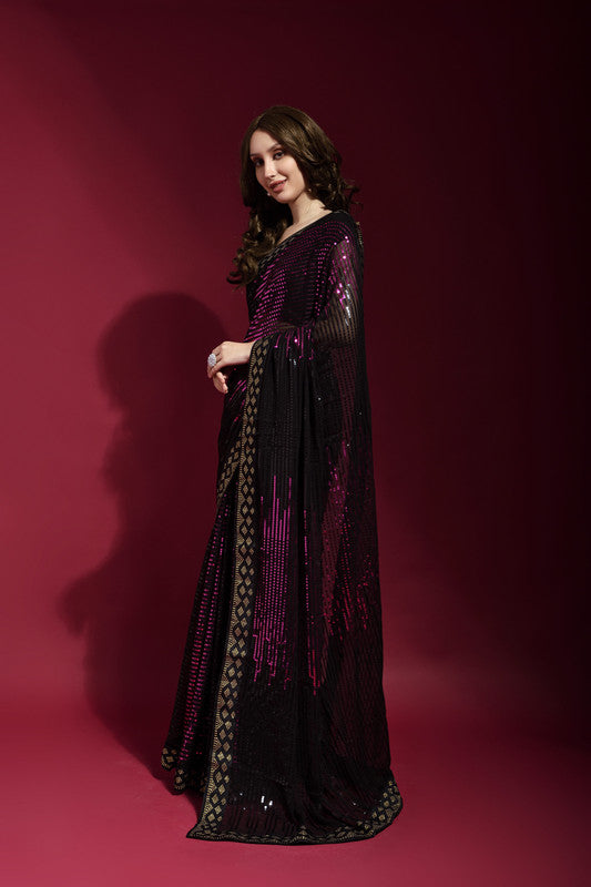 Jyoti Fashion Women's Wine Sequence Embroidery Georgette Saree with Blouse | Swadesiicart