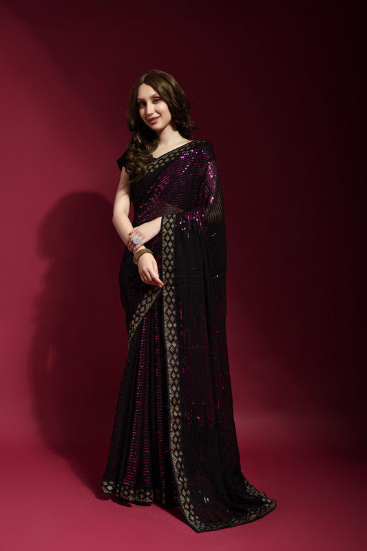 Jyoti Fashion Women's Wine Sequence Embroidery Georgette Saree with Blouse | Swadesiicart