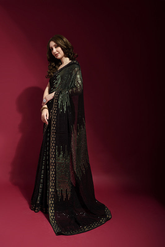 Jyoti Fashion Women's Black Sequence Embroidery Georgette Saree with Blouse | Swadesiicart